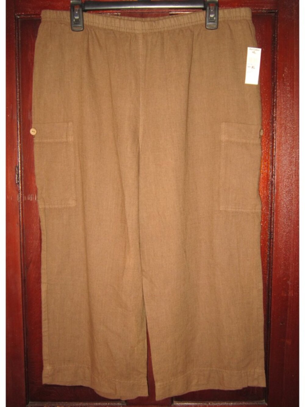 Hot Cotton Sz XL Cropped Pants Brown Elastic Pull On Pockets Cargo Utility Linen